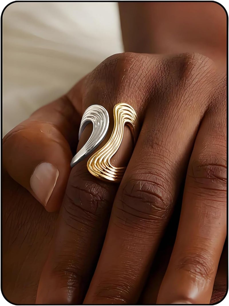 AiTURE Chunky Rings For Women, Gold Silver Thumb Ring Asymmetrical Wavy Curve Ring Adjustable Non Tarnish Dainty Stainless Steel New Year Anniversary Birthday Jewelry Gift - Image 1